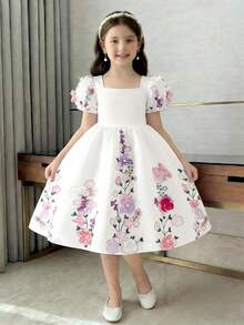 SHEIN 1件装 女孩夏季新款婚礼仪式少女3D蝴蝶生日派对花童表演泡泡袖公主裙 - 白色 - 查看 9