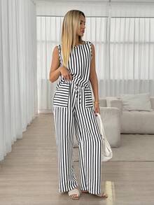 Easowa 休闲条纹吊带背心和长裤套装，适合春夏穿着和通勤。 - 黑與白 - 查看 4