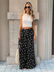Pariaura Women's New Summer Vacation Style Black Polka Dot Wide-Leg Pants - High-Waisted, Flowy, Loose & Slimming Casual Trousers For Vacation & Travel - Black - View 3