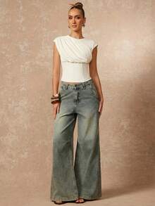 Lumalex 女士休闲圆领褶皱腰部短袖上衣 - 杏色 - 查看 7