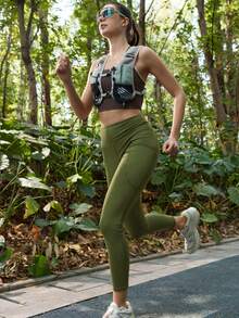In My Nature Women's Solid Color High Waist Seamless Outdoor Leggings Workout Leggings With Pocket High Elasticity Yoga Pants - Army Green - View 3