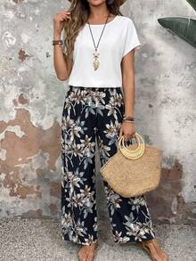 EMERY ROSE 女士纯色圆领短袖上衣和印花阔腿裤套装，夏季两件套 - 黑與白 - 查看 6