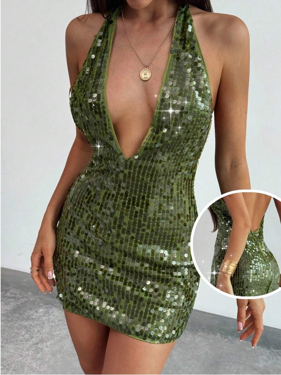 Aloruh Đầm mini sequin gợi cảm cổ chữ V sâu màu trơn cho nữ