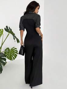 Firerie Bộ jumpsuit nữ thanh lịch, tối giản, phong cách công sở thành thị hiện đại, kẻ sọc, kiểu dáng 2 trong 1, tay ngắn, cạp cao, ống rộng, màu đen, thích hợp cho mùa xuân/hè. - màu đen - Xem 8