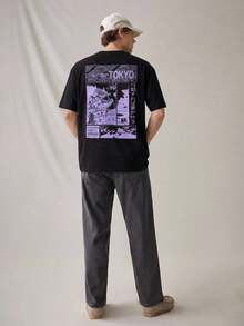 SWAVVY 宽松男士针织休闲印花T恤 - 黑色 - 查看 3