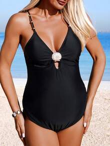 Swim Vcay Maternity Solid Color Spaghetti Strap One-Piece Swimsuit For Beach Vacation - Black - View 8