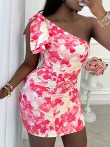 Xyvia 女士多色印花数码印花不对称领口连衣裙，饰有大蝴蝶结，收腰设计，性感百搭，适合生日礼物、约会、派对、情人节、劳动节、单身派对、旅行、花园婚礼等场合，春夏新款时尚单品，无袖迷你连衣裙 - 彩色 - 查看 8