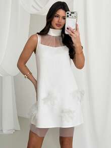 Firerie 优雅浪漫精致氛围情人节约会派对舞会婚礼宾客假日V领羽毛装饰网纱透视A字白色迷你连衣裙 - 白色 - 查看 5