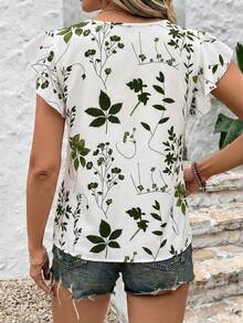 SHEIN LUNE 春季廓形花卉印花荷叶边下摆圆领女式衬衫 - 軍綠色 - 查看 2