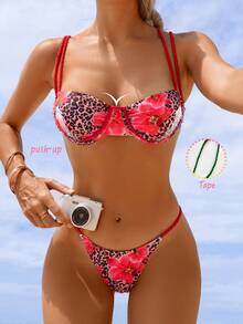 Swim Vcay مجموعة بكيني للنساء مزينة برسومات الفراشة والنمر مع تصميم فريد لأشرطة الحبال، مناسبة للربيع والصيف - متعدد الألوان - مشاهدة 4