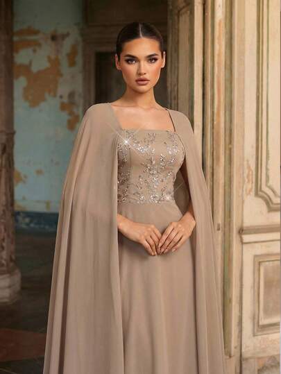 Aureia Elegant, Glamorous, And Stylish, This Gray-Yellow Gown Features Sequined Embroidery, Flowing Chiffon, A Square Neckline, Flowing Sleeves, A Large A-Line Silhouette, And A Train. Suitable For All Formal Occasions, Wedding Guests, And Evening Gowns. Evening Wear For Women Dress With Cape