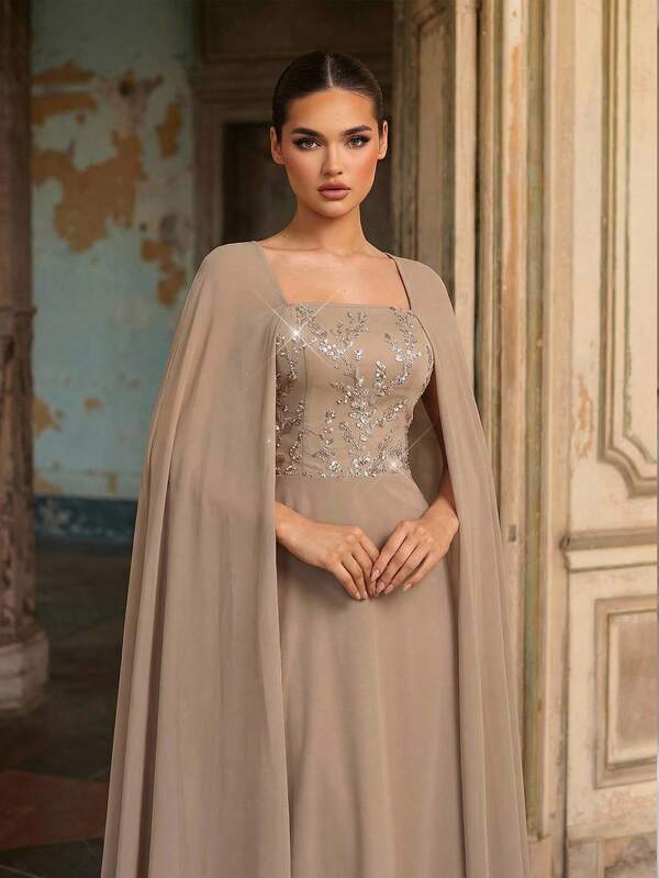 Aureia Elegant, Glamorous, And Stylish, This Gray-Yellow Gown Features Sequined Embroidery, Flowing Chiffon, A Square Neckline, Flowing Sleeves, A Large A-Line Silhouette, And A Train. Suitable For All Formal Occasions, Wedding Guests, And Evening Gowns.