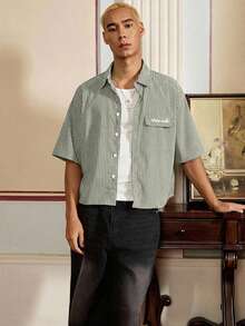 SWAVVY 男士休闲条纹印花宽松短袖衬衫，适合春夏季穿着 - 綠色 - 查看 4