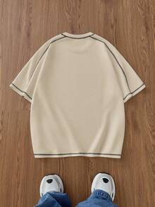 Manfinity Unisex 男士针织休闲日常宽松短袖T恤 - 卡其色 - 查看 2