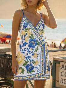 CAJUNI Vestido de verano con estampado floral y lazos en los tirantes para mujer - Azul - Ver 6