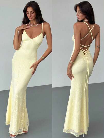 Aloruh Women's Elegant Sexy Solid Color Lace Backless Halter Dress, Summer   Wedding Guest Dress Women,Wedding Guest Dress, Dress For Wedding Guest Formal Dresses For Wedding Guest Dresses For Wedding Event Wedding Guest Dress Elegant  Wedding Guest Wedding Guest Dresses  Wedding Dress Guest  Dresses For Wedding Guest Wedding Guest Dress Women Bridal Shower Dress White  Elegant Modest Wedding Anniversary Bridesmaid Party Date Sexy Cream Yellow Lace Fabric Open Back Sexy Fishtail Hem Slim Temperament Elegant Sexy Date Romantic Party