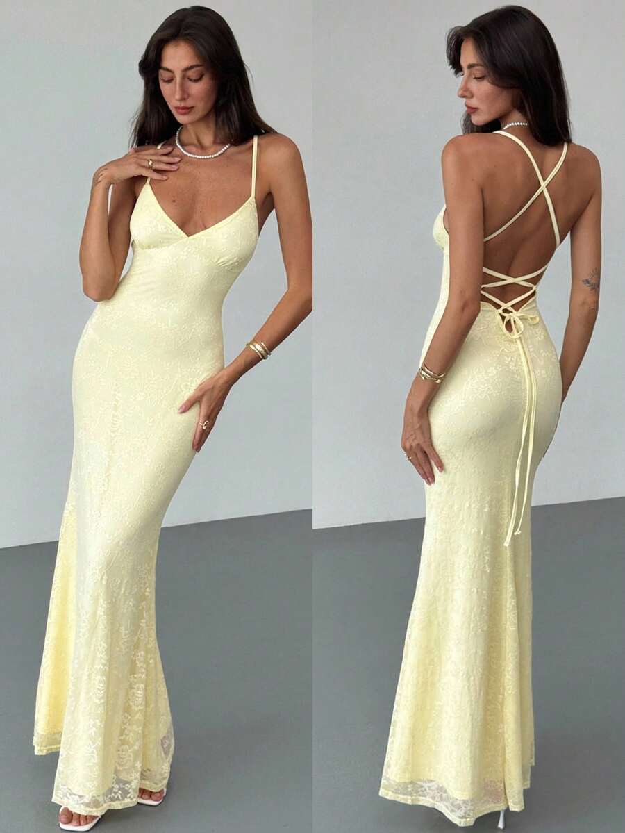 Aloruh 女士优雅性感纯色蕾丝露背吊带连衣裙，夏季