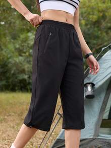 SHEIN In My Nature Women's Elastic Waist Drawstring Outdoor Running Capri Pants - Black - View 4