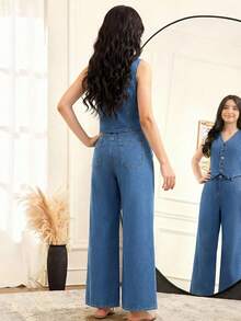 2 Peças Conjunto de Roupas Streetwear Versátil de Design Vintage Y2k Legal e Confortável para Meninas Adolescentes, Jaqueta Denim Curta Solta e Confortável e Calça Denim Plissada Confortável, Roupas Diárias e Roupas de Primavera a Verão para Meninas Adolescentes e Crianças, Roupas de Streetwear para Festivais e Raves - Azul - Visão 2