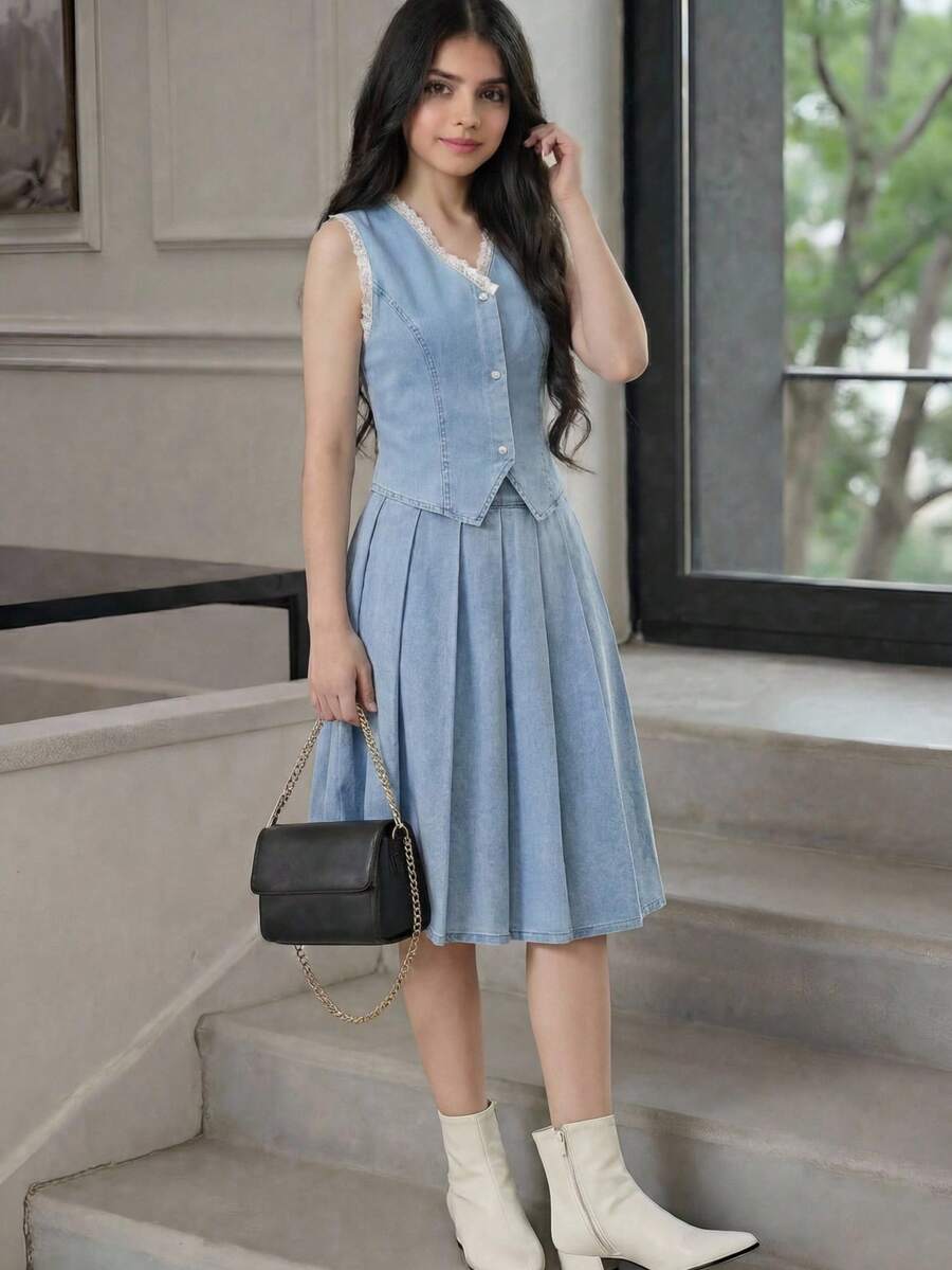 2 Stücke/Set Teenager Mädchen Blau Jeans Ärmellose Weste & Plissee Mini Rock - Mittele Waschung - Übersicht 1