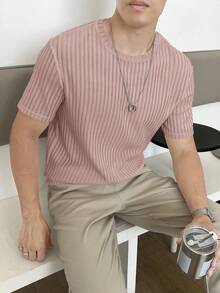 SWAVVY Men's Casual Solid Color Short Sleeve Stretchy Knit T-Shirt, Summer - Pink - View 3