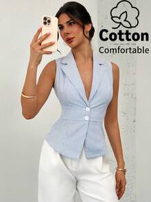 Firerie 女士优雅简约时尚通勤都市现代休闲蓝白条纹缺角领收腰纽扣背心 - 藍白色 - 查看 9