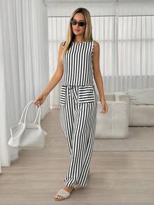 Easowa 休闲条纹吊带背心和长裤套装，适合春夏穿着和通勤。 - 黑與白 - 查看 1