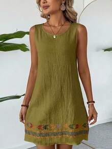 SHEIN LUNE 夏季休闲沙滩度假亚麻质感杏色无袖连衣裙（女款） - 綠色 - 查看 4