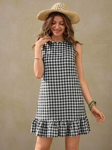 Wildy 新款夏季美式西部乡村度假浪漫荷叶边绿色格子迷你连衣裙 - 黑與白 - 查看 6