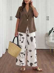 EMERY ROSE Setelan Blazer Lengan Pendek Ukuran Besar & Celana Panjang Longgar, Setelan Pakaian Liburan Wanita Motif Kucing, Setelan Celana Musim Panas Linen, Cokelat Tua, Kasual Elegan - Khaki - View 7