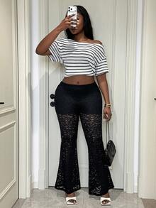 Xyvia 女士黑色蕾丝弹力腰喇叭裤，高端设计，修身显瘦，优雅精致，适合情人节、复活节、劳动节、生日礼物、约会、派对、活力穿搭、旅行、春夏下装，春季新款必备时尚单品，小众设计，百搭单品 - 黑色 - 查看 3