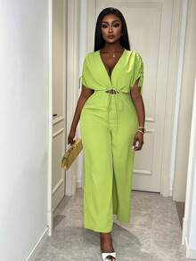 Xyvia Elegant Urban Chic New Arrival Women's Spring/Summer V-Neck Hollow Waist Tie Flared Leg Jumpsuit, Suitable For Daily Wear, Weddings, Galas, Commute, Graduation Parties, Holidays, Vacations, Dates, Parties, Halloween, Christmas, New Year, Thanksgiving - Green - View 7