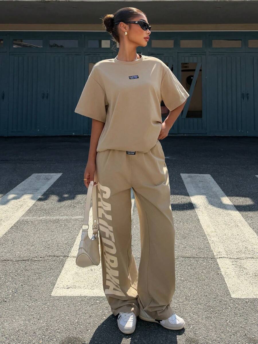 Muchica Women's Summer New Letter Print Knit Casual Loose Short Sleeve T-Shirt And Pants Set - Khaki - View 1