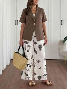 EMERY ROSE Setelan Blazer Lengan Pendek Ukuran Besar & Celana Panjang Longgar, Setelan Pakaian Liburan Wanita Motif Kucing, Setelan Celana Musim Panas Linen, Cokelat Tua, Kasual Elegan - Khaki - View 5