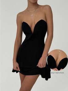 Aloruh Solid Color Deep V-Neck Backless Umbrella Hem Short Dress Wedding Guest Dress Women Bridal Shower Dress Elegant Modest Wedding Anniversary Bridesmaid Party Date Sexy, Graduation Dress Summer Summer Dress Summer Dresses For Women Floral Dress Floral Dresses For Women Summer Outfits Summer Clothes Summer Outfits For Women Summer Holiday Outfits Valentine's Day Valentine Outfits For Women Valentine - Black - View 9