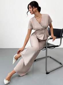 Firerie Women's Elegant Minimalist Fashion Commuter Urban Chic New Arrival Waist Cinched V-Neck Double-Breasted Blazer Jacket And High-Waisted Wide-Leg Pants Two Pieces Suit Set, Apricot And Khaki - Apricot - View 1