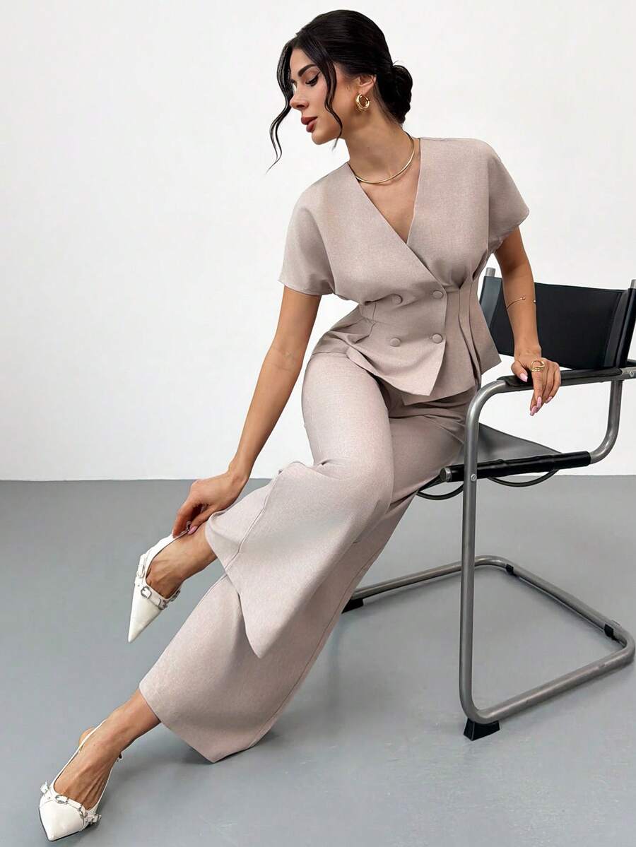 Firerie Women's Elegant Minimalist Fashion Commuter Urban Chic New Arrival Waist Cinched V-Neck Double-Breasted Blazer Jacket And High-Waisted Wide-Leg Pants Two Pieces Suit Set, Apricot And Khaki - Apricot - View 1