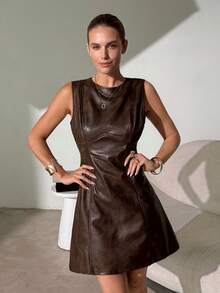 Lavishia 无袖收腰A字型时尚PU连衣裙 - 摩卡棕 - 查看 5