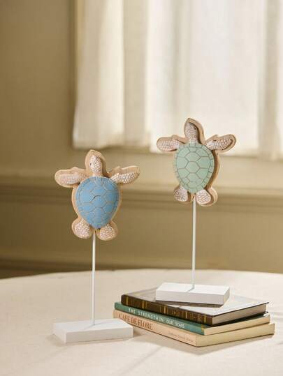 Cirelle Decoración de mesa con tortuga marina costera - Figura náutica de madera + hierro con soporte, ornamento de escritorio inspirado, diseño de caparazón texturizado (azul/verde menta), acento para estantería del hogar u oficina en estilo bohemio, regalo pensado para amigos y familia, decoración minimalista de estilo mediterráneo para la sala de estar, de primavera a verano