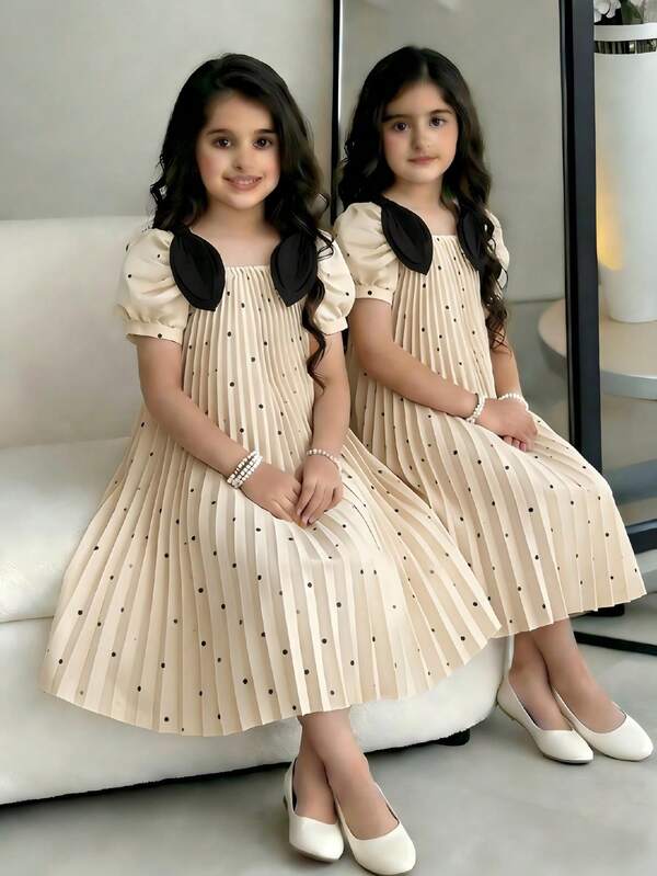 SHEIN 女童夏季新款蝴蝶结装饰泡泡袖法式波点连衣裙，适合休闲、优雅、日常及度假穿着