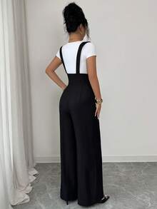 Elenzga New Arrival Black Herringbone Linen French Elegant Fashion Design High Cinched Waist Straight Wide Leg Loose Casual Everyday Versatile Jumpsuit For Women - Black - View 5