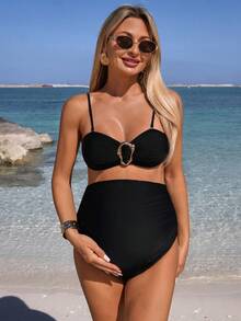 Swim Vcay بكيني أحادي اللون للحوامل للعطلات الشاطئية - الأسود - مشاهدة 3