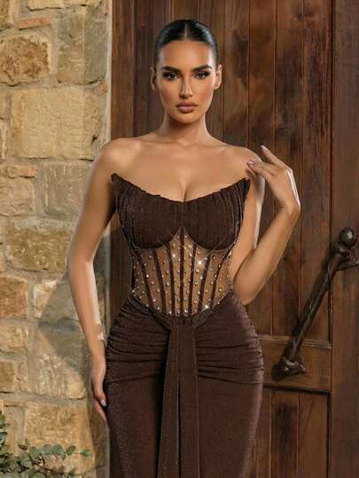 Aureia 优雅奢华棕色韩式网纱银线弹力针织手工水钻装饰贝壳领美人鱼尾正式晚礼服