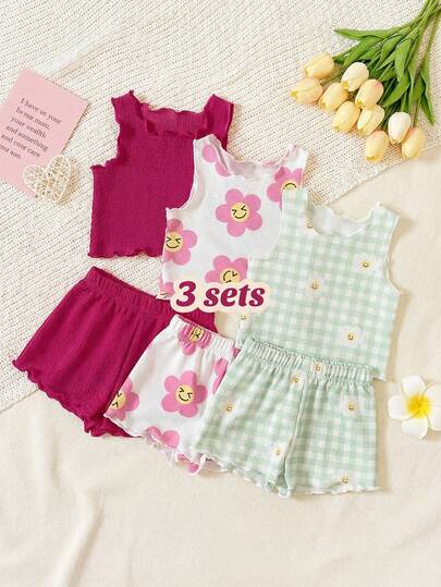 SHEIN 3 Sets Baby Girls Clothes Outfits Sets Pink Floral Plaid Graphic Tee Sleeveless Tank Tops Shorts Pants Trousers Tights Bottoms Soft Thick Casual Set Two Piece Outfit For Summer Spring Vacation