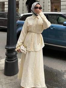 Solavon Bộ đồ nữ thường ngày gồm áo và chân váy màu trơn, thích hợp mặc đi làm. - Vàng nhạt - Xem 10