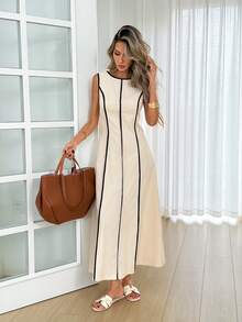 Easowa 女士休闲无袖圆领撞色连衣裙，适合夏季日常穿着 - 杏色 - 查看 4