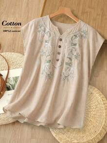 Rusticease Women's Summer Vacation Casual Embroidered Shirt - Khaki - View 7