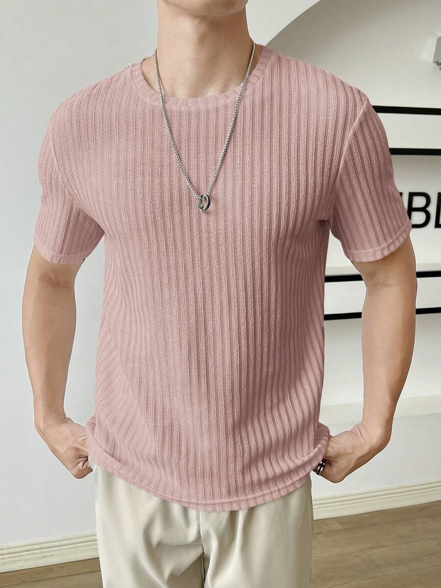 SWAVVY Men's Casual Solid Color Short Sleeve Stretchy Knit T-Shirt, Summer - Pink - View 1