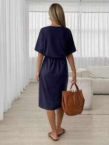Easowa Women Cotton Midi Dresses Vacation Outfits Women,Casual Clothes Dark Blue Dress Drawstring Waist Women's Short Sleeve Navy - Navy Blue - View 2