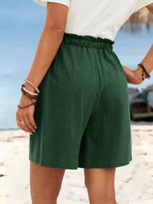 Sylviya 休闲纯色棉麻短裤 - 墨綠色 - 查看 2